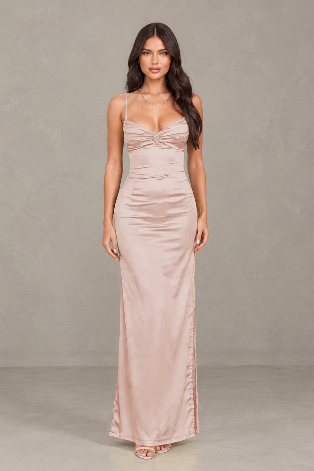 BOLODOO Rose Gold Satin Cowl Neck Open Back Mermaid Maxi Dress with Side Slit - Rose Gold