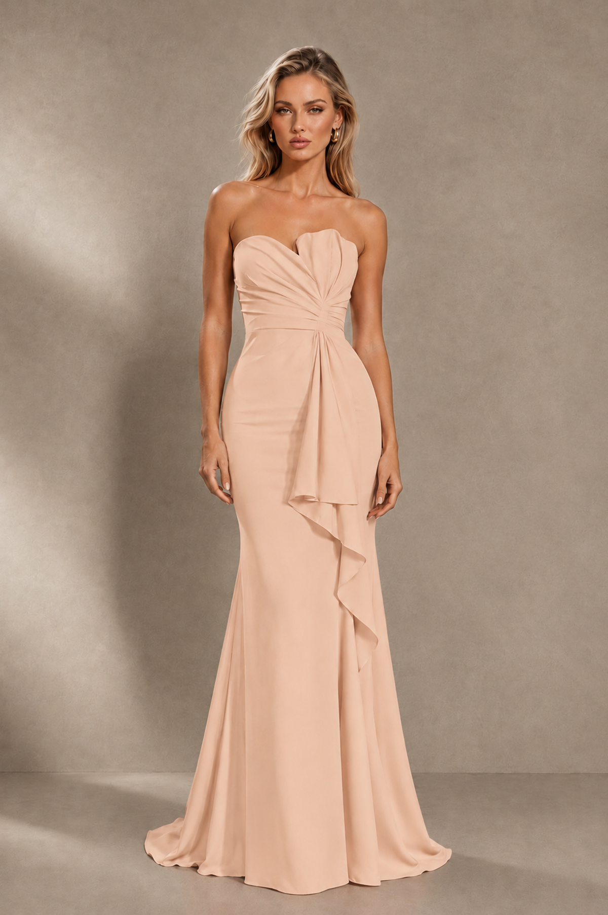 BOLODOO Rose Gold Strapless Sweetheart Ruched Mermaid Gown | Cascade Drape Formal Evening Dress - Rose Gold - Rose_Gold_1