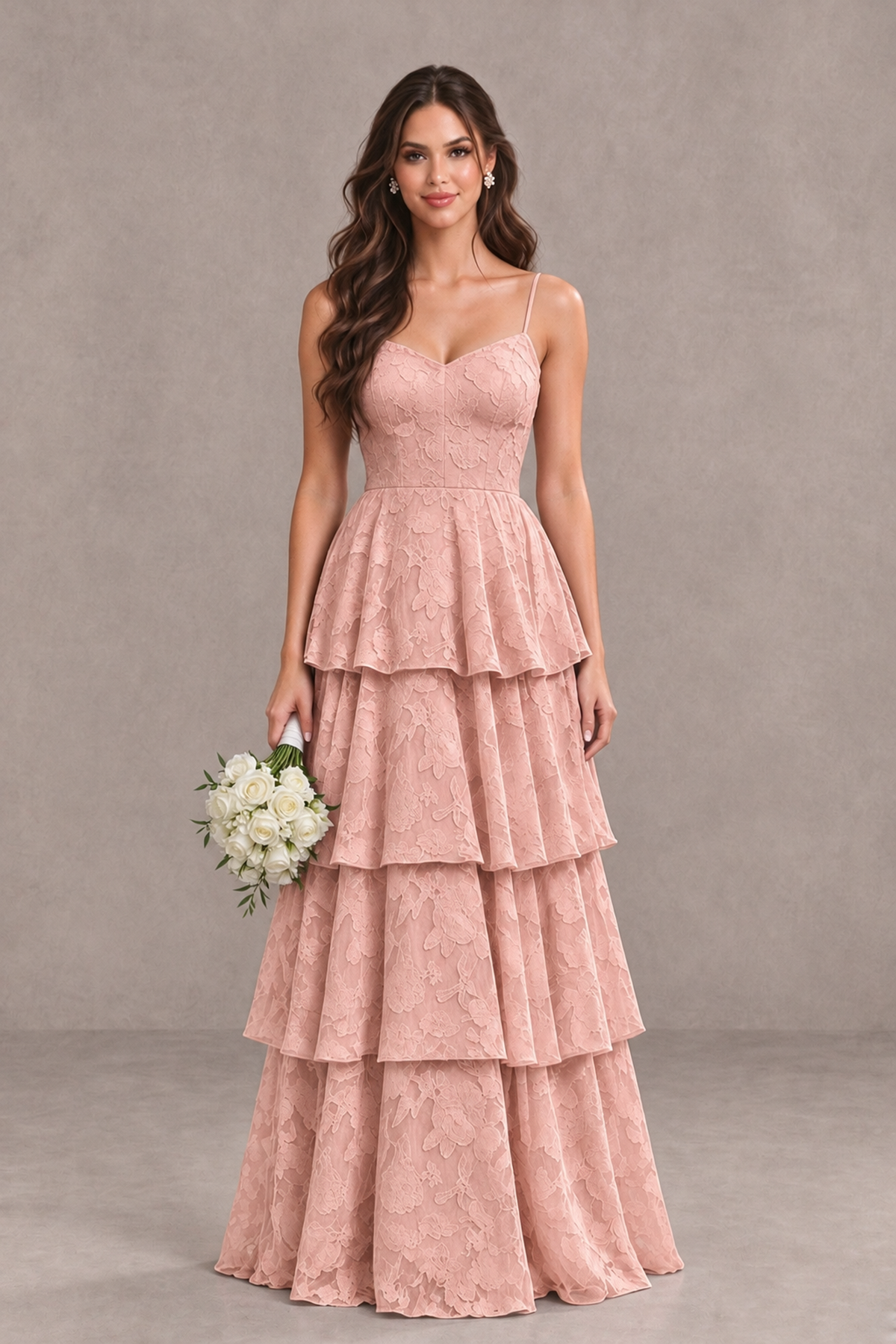 BOLODOO Rose Gold Tiered Floral-Textured Spaghetti Strap Maxi Dress - Rose Gold - Rose Gold_1