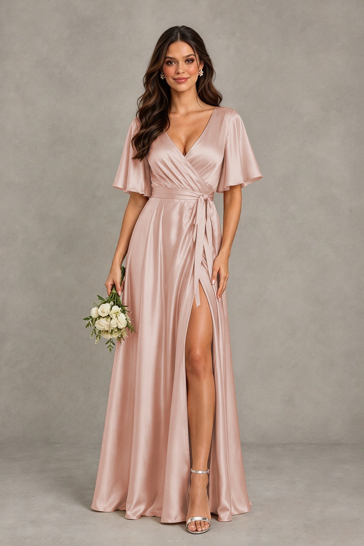 BOLODOO Rose Gold Satin V-Neck Flutter Sleeve Bridesmaid Dress with Slit - Rose Gold - Rose Gold(1)