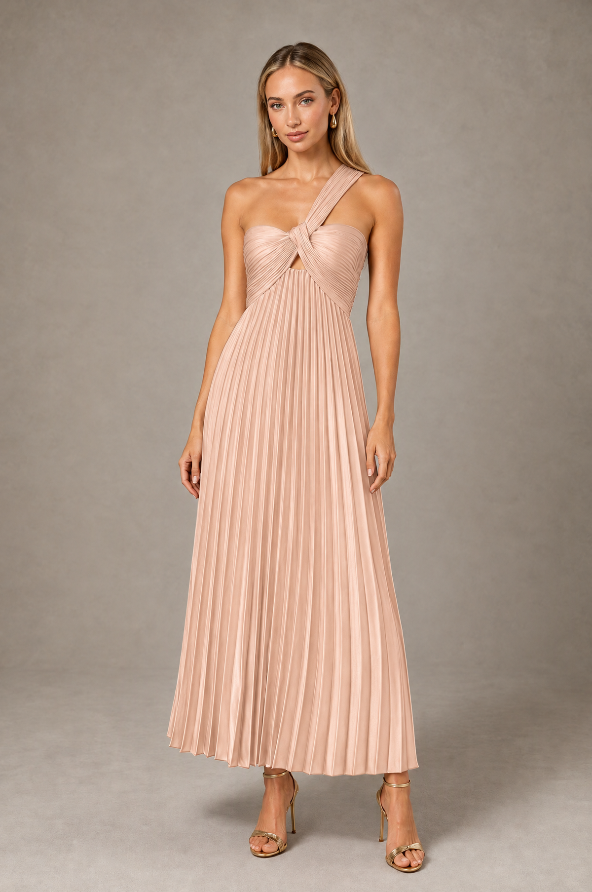 BOLODOO Rose Gold One-Shoulder Twist Knot Pleated Satin Midi Dress with Cutout - Rose Gold - Rose_Gold_1