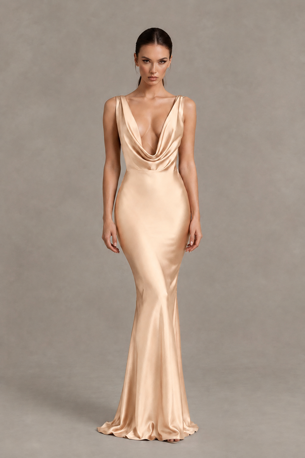 BOLODOO Rose Gold Cowl Neck Backless Satin Mermaid Evening Dress - Rose Gold - Rose Gold_1