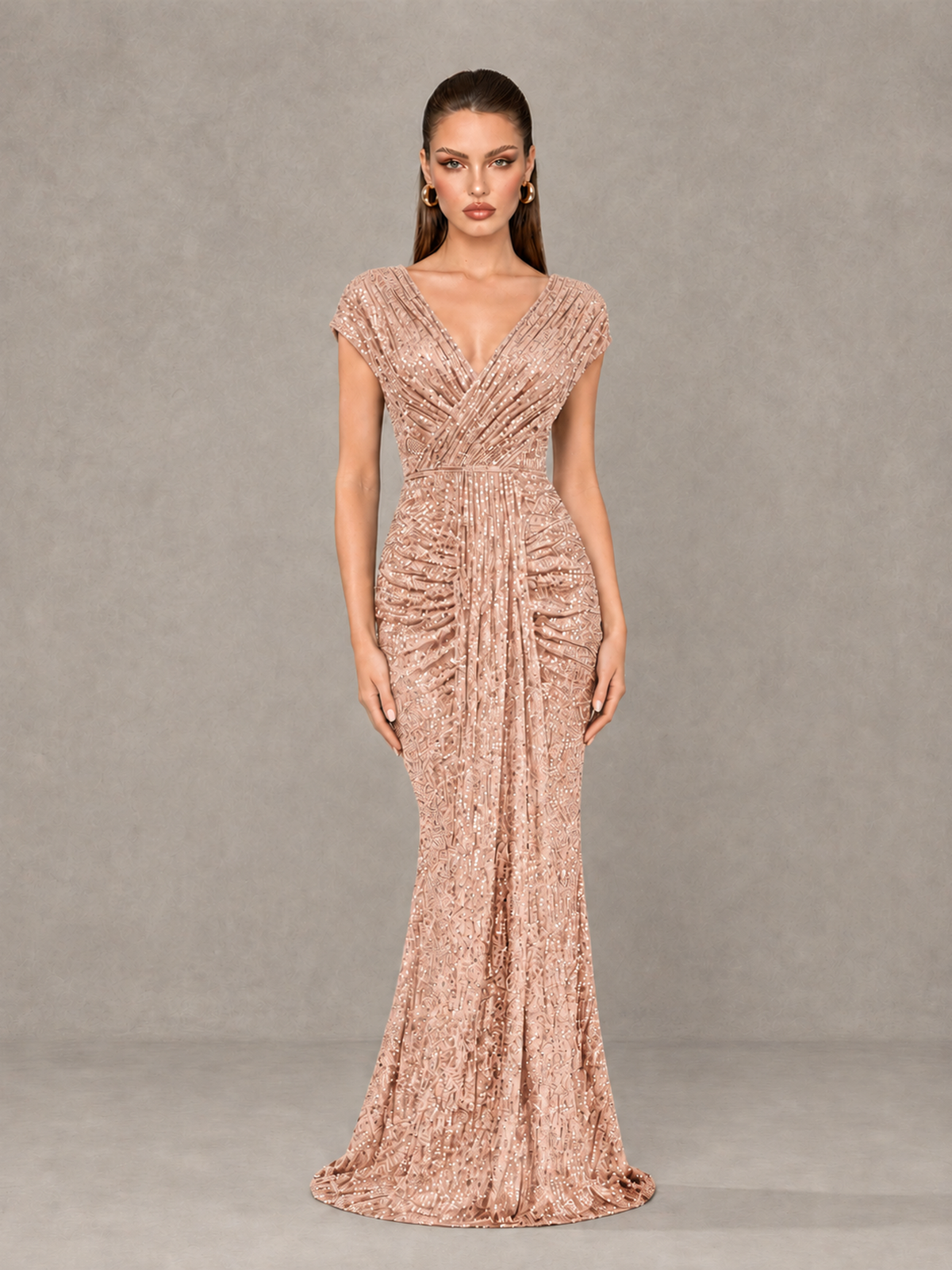 BOLODOO Rose Gold Glitter V-Neck Cap Sleeve Ruched Mermaid Evening Gown - Rose Gold - Rose Gold_1