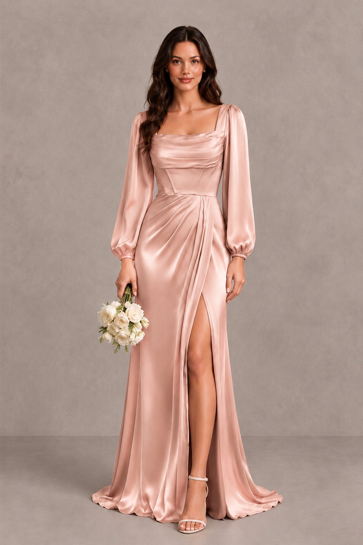 BOLODOO Rose Gold Satin-Look Long Sleeve Evening Dress with High Slit - Rose Gold - Rose Gold_1