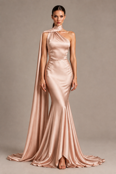 BOLODOO Rose Gold One-Shoulder Satin Mermaid Evening Dress with Scarf - Rose Gold - Rose Gold_1