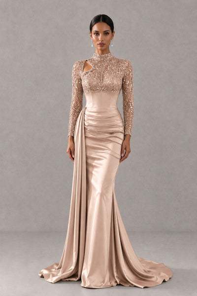 BOLODOO Rose Gold Long Sleeve Embellished Satin Mermaid Evening Gown - Rose Gold - Rose Gold_1