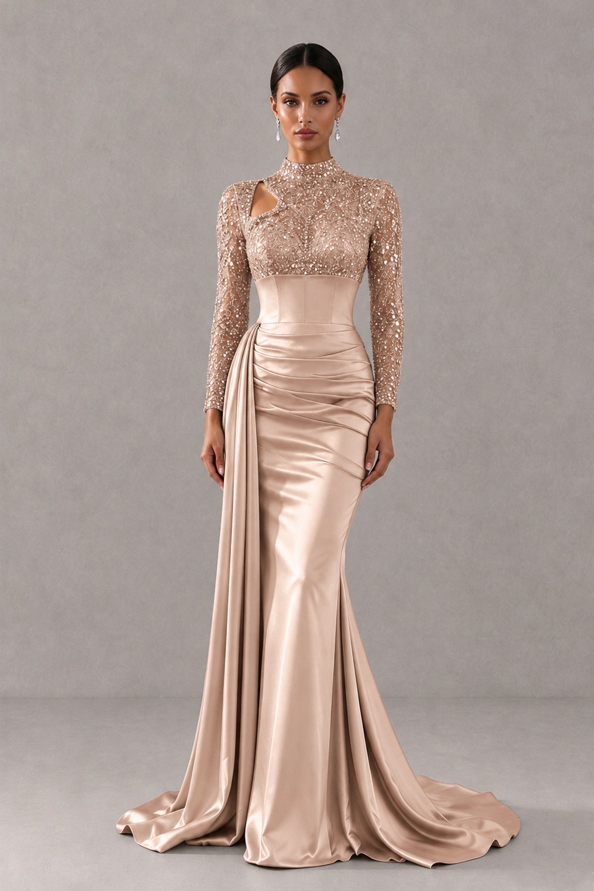 BOLODOO Rose Gold Long Sleeve Embellished Satin Mermaid Evening Gown - Rose Gold - Rose Gold_1