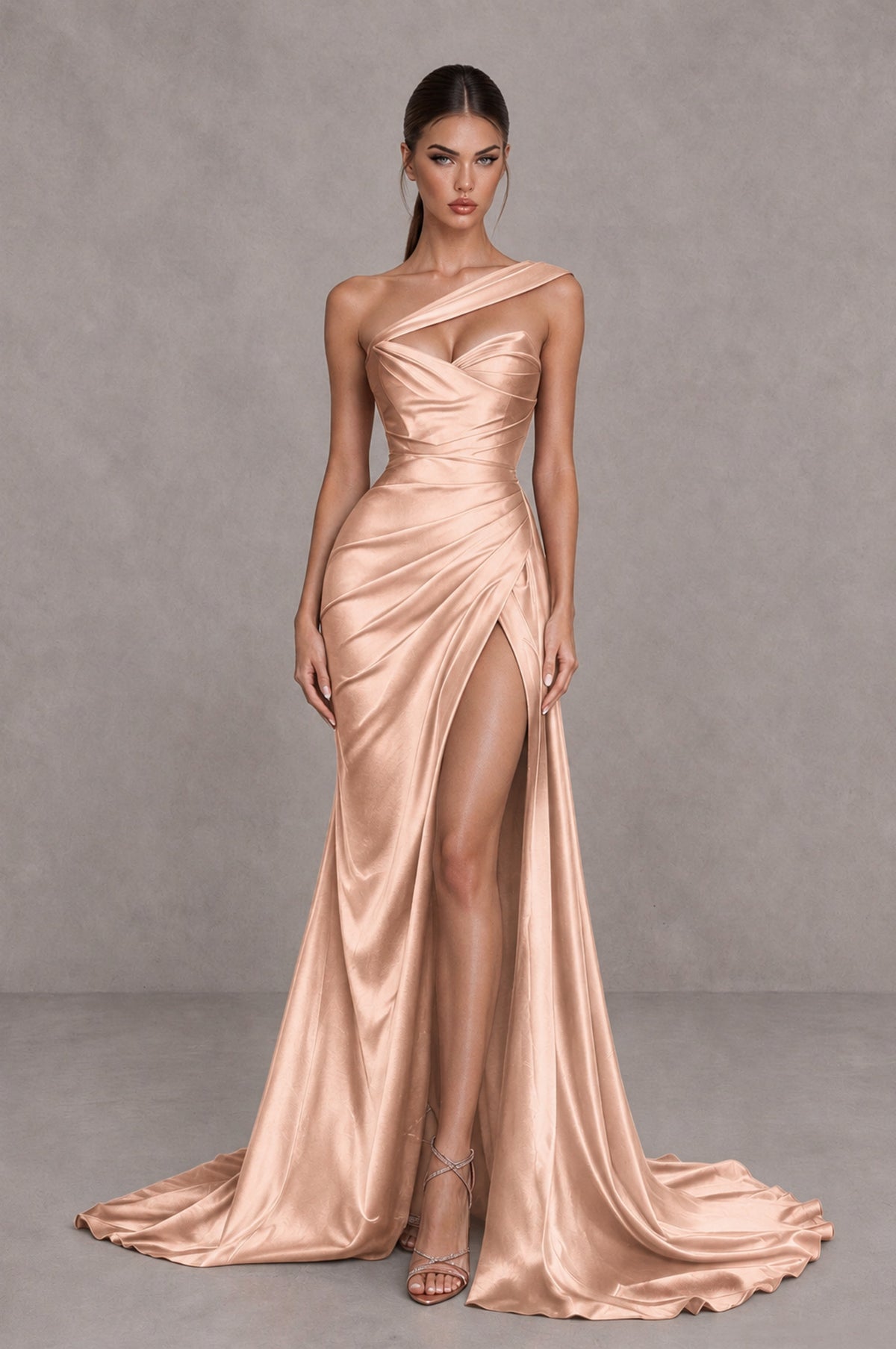 BOLODOO Rose Gold One Shoulder Satin Mermaid Evening Dress with Ruched Slit Skirt - Rose Gold - Rose Gold_1