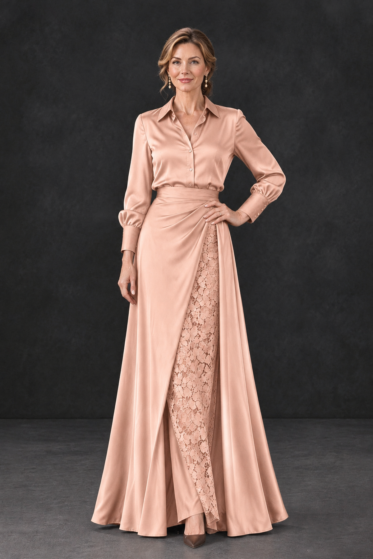 BOLODOO Rose Gold Long Sleeve Satin-Look Lace Panel Gown - Rose Gold - Rose Gold_1