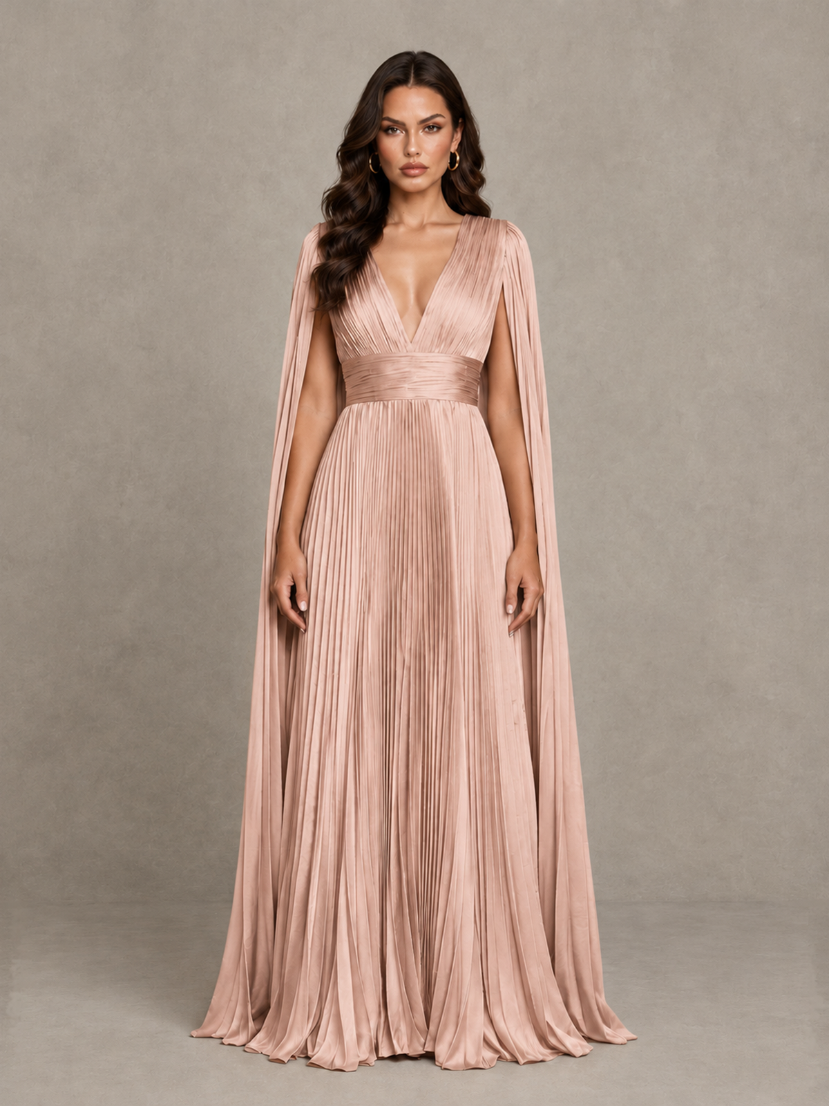 BOLODOO Rose Gold Deep V-Neck Pleated Cape Sleeve Evening Gown - Rose Gold - Rose Gold_1