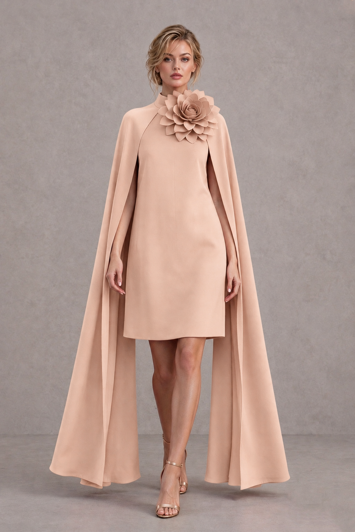 BOLODOO Rose Gold High Neck Floral Cape Mini Cocktail Dress - Rose Gold - Rose Gold_1