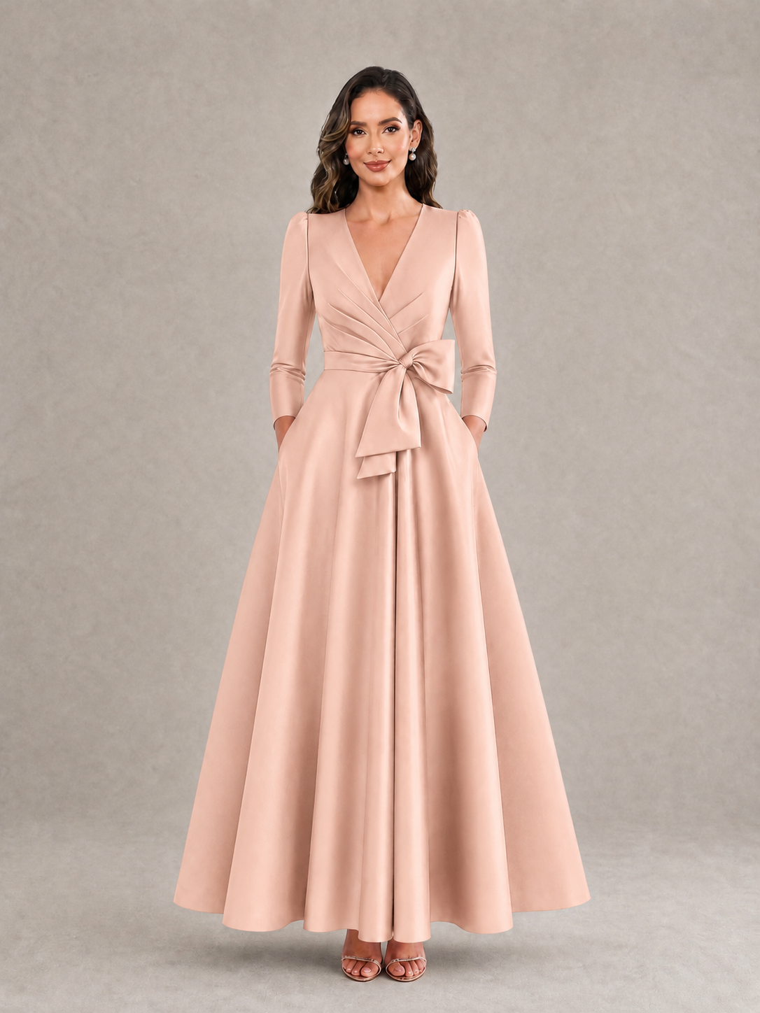 BOLODOO Rose Gold Satin Deep V-Neck Wrap 3/4 Puff Sleeve A-Line Ball Gown Maxi Dress with Oversized Bow Belt - Rose Gold