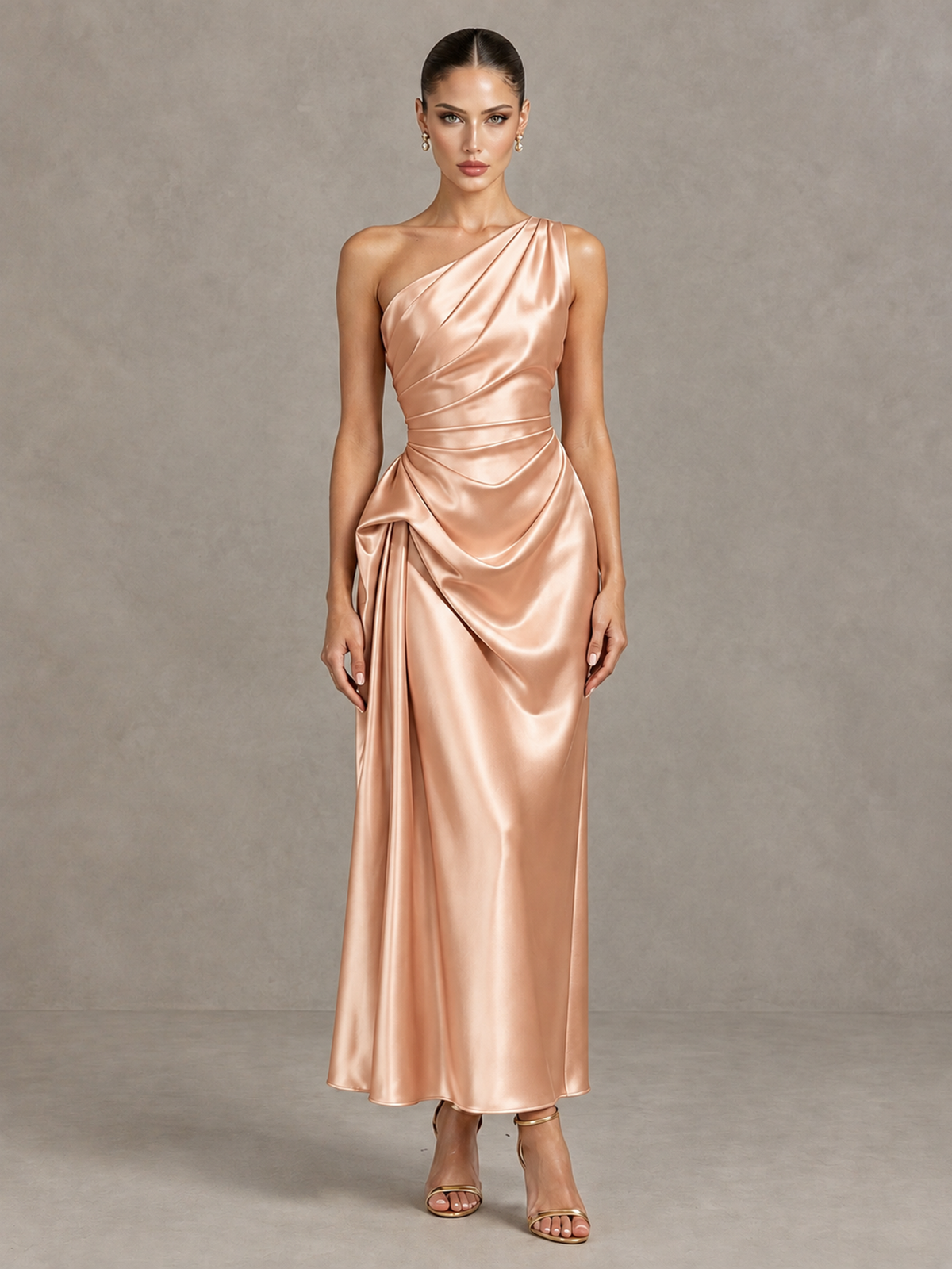BOLODOO Rose Gold One Shoulder Satin Cocktail Dress with Draped A-Line Skirt - Rose Gold - Rose Gold_1
