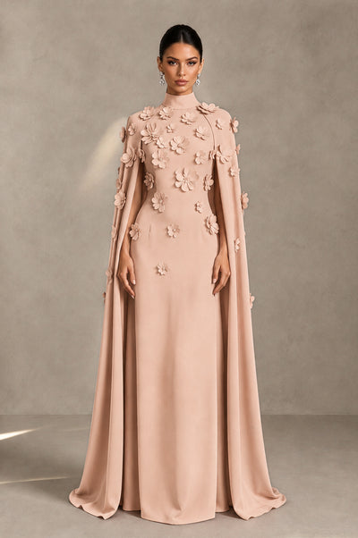 BOLODOO Rose Gold 3D Floral Applique Cape Formal Dress - Rose Gold - Rose Gold_1