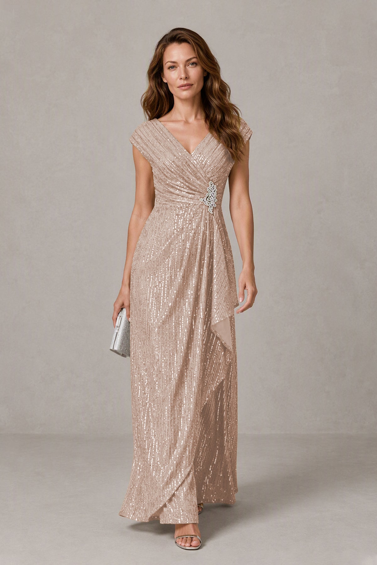 BOLODOO Rose Gold Sequin V-Neck Cap Sleeve Maxi Dress - Rose Gold