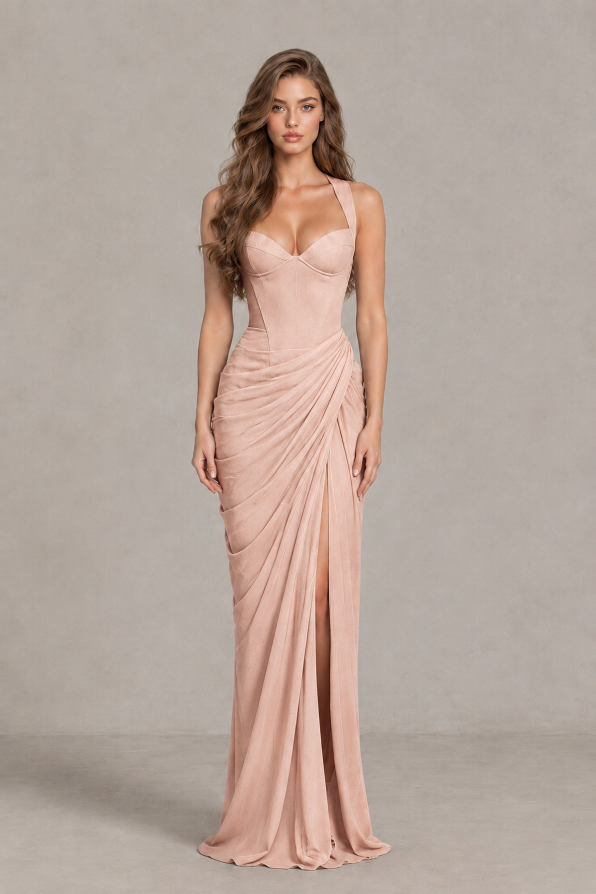 BOLODOO Rose Gold Sweetheart Maxi Dress with High Slit - Rose Gold - Rose_Gold_1