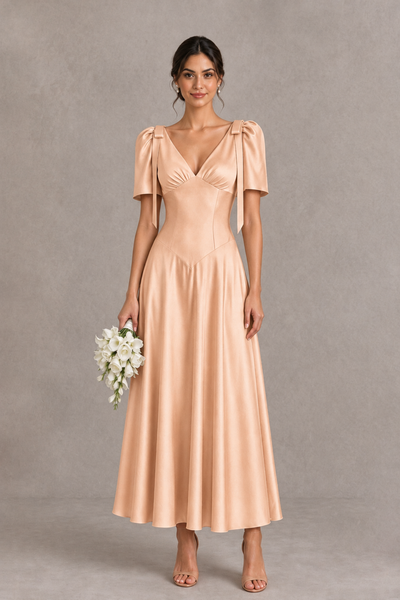 BOLODOO Rose Gold V-Neck Short Sleeve Satin-Look Bridesmaid Dress with Shoulder Bows - Rose Gold - Rose Gold_1