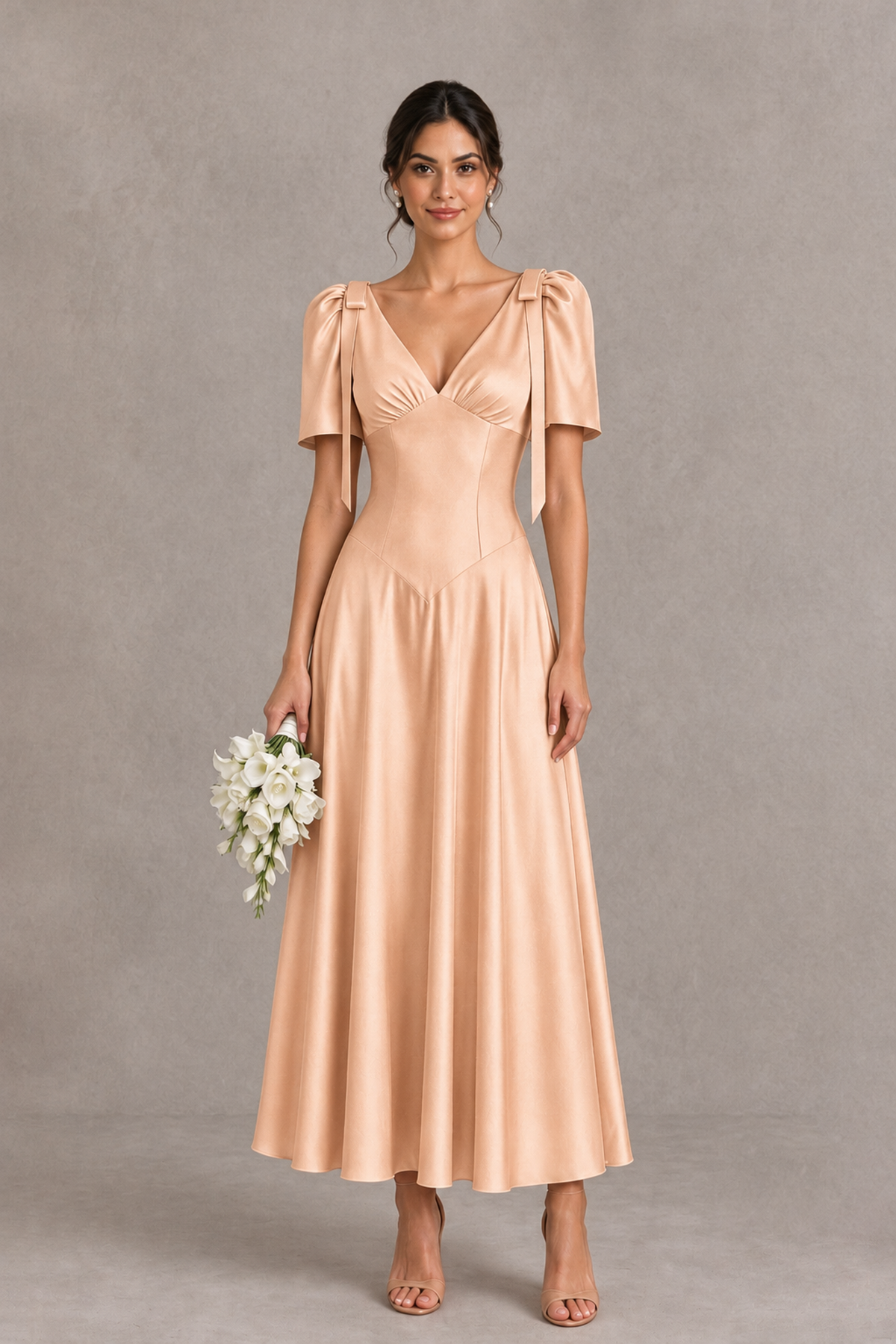 BOLODOO Rose Gold V-Neck Short Sleeve Satin-Look Bridesmaid Dress with Shoulder Bows - Rose Gold - Rose Gold_1