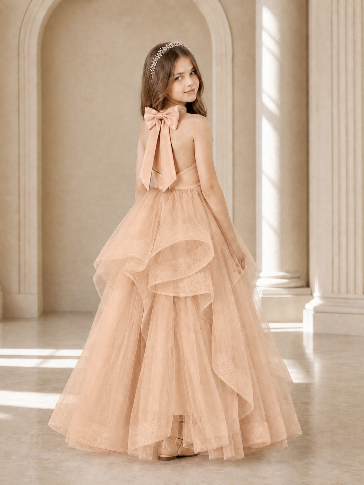 BOLODOO Rose Gold Halter Tiered Tulle Flower Girl Dress with Bow Back - Rose Gold - Rose Gold_1