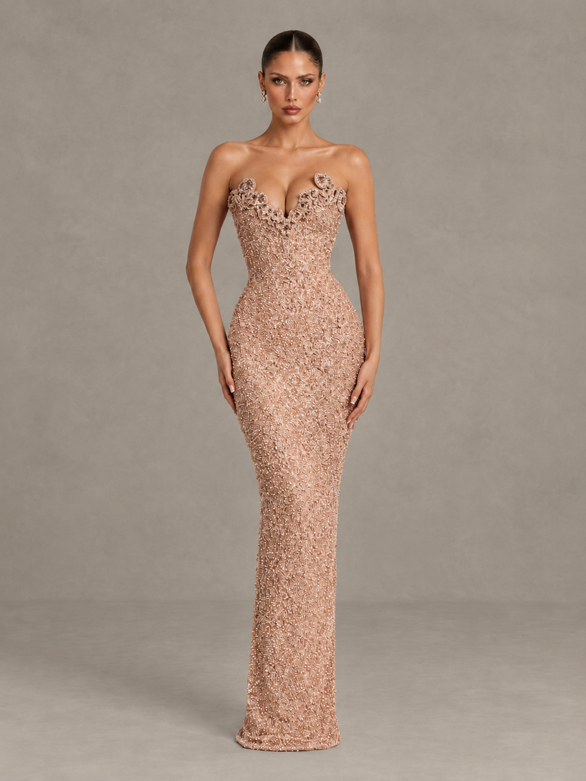 BOLODOO Rose Gold Strapless Sequin Evening Gown with Floral Neckline - Rose Gold - Rose Gold_1
