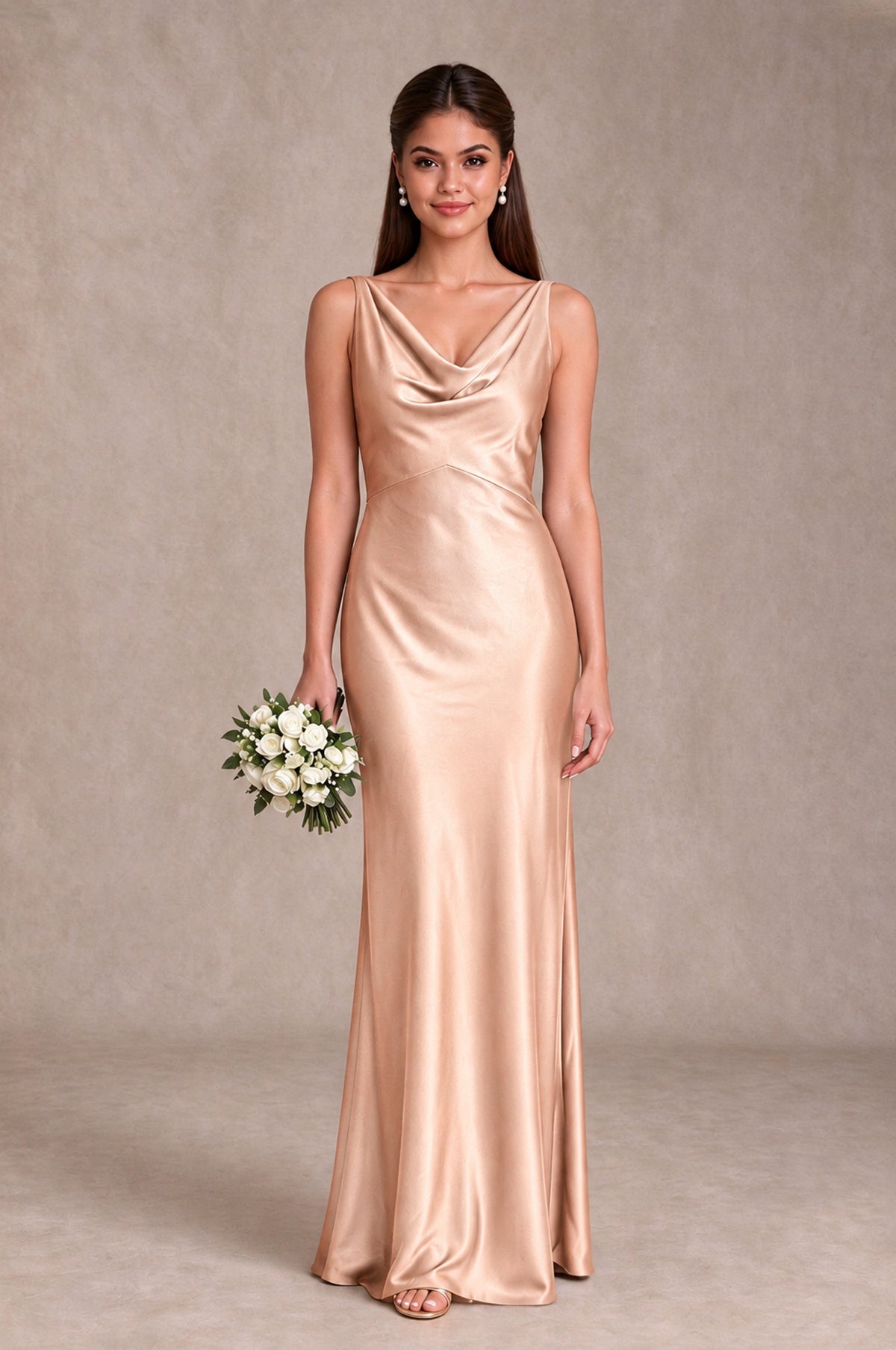 BOLODOO Rose Gold Cowl Neck Open Back Satin Bridesmaid Dress - Rose Gold - Rose Gold_1