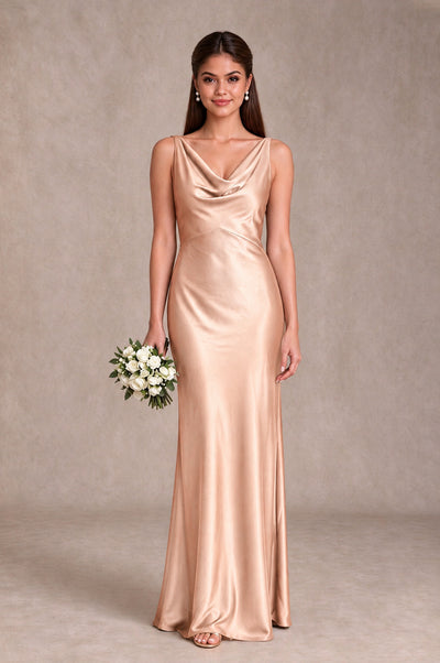 BOLODOO Rose Gold Cowl Neck Open Back Satin Bridesmaid Dress - Rose Gold - Rose Gold_1