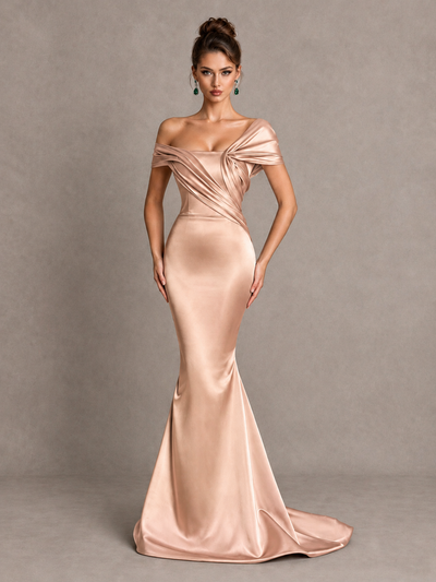 BOLODOO Rose Gold Off-Shoulder Satin Mermaid Prom Dress - Rose Gold - Rose Gold_1