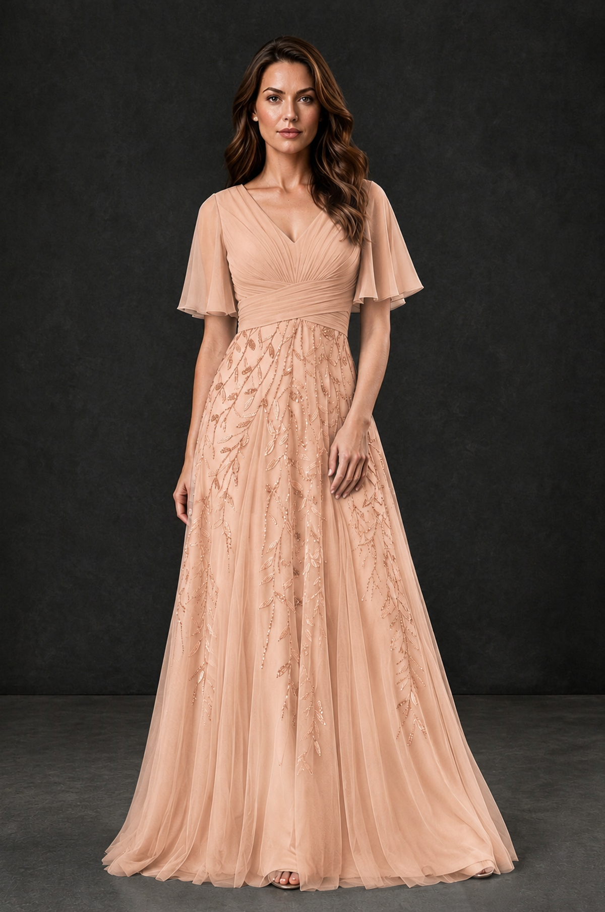 BOLODOO Rose Gold V-Neck Flutter Sleeve Beaded Botanical Tulle A-Line Gown | Mother of the Bride Evening Dress - Rose Gold - Rose Gold_1