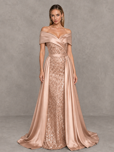 BOLODOO Rose Gold Sequin Mermaid Evening Dress with Detachable Satin Overskirt and Sweep Train - Rose Gold - Rose Gold_1