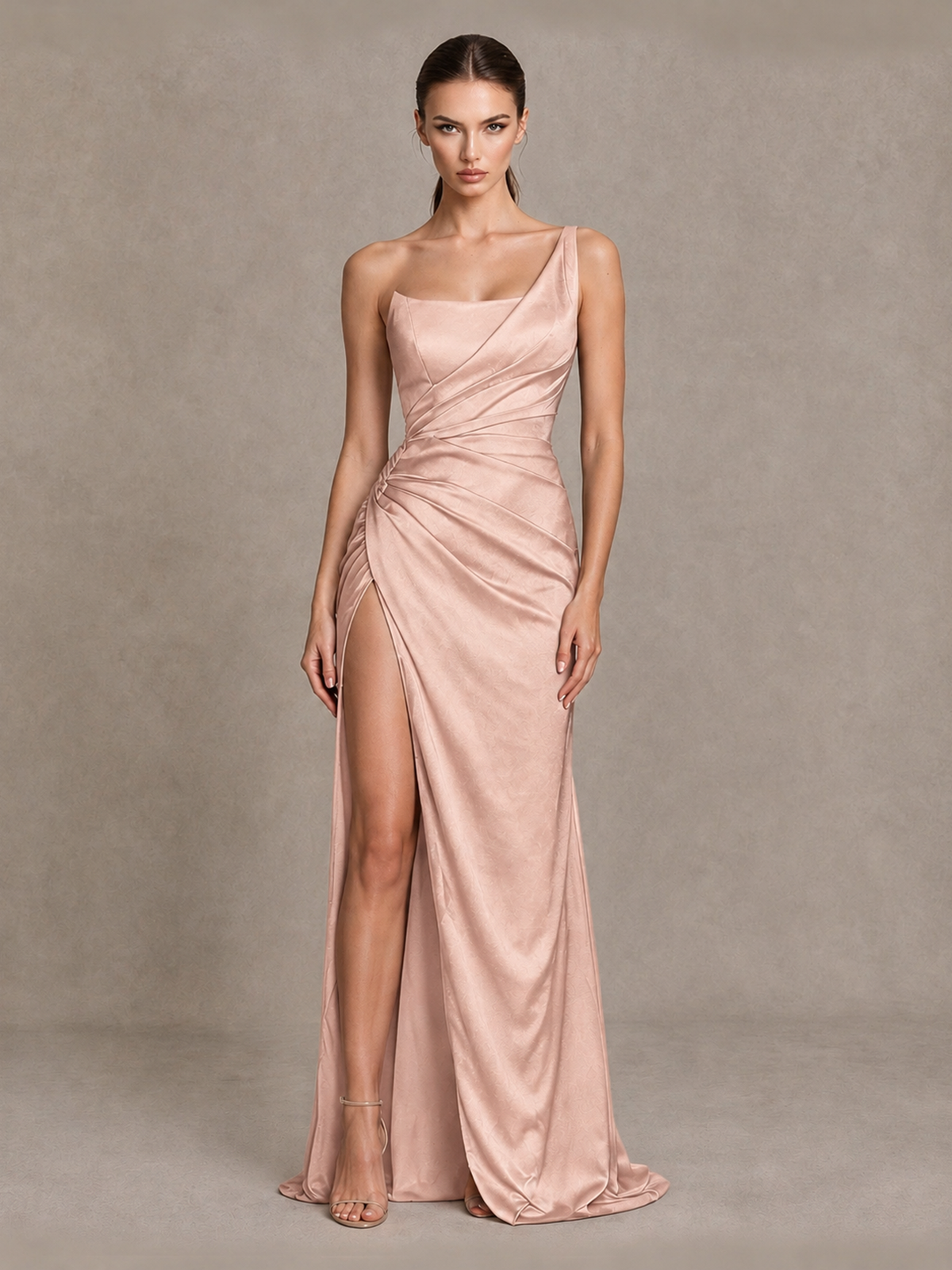 BOLODOO Rose Gold One Shoulder Satin Evening Gown with High Slit and Sweep Train - Rose Gold - Rose Gold_1