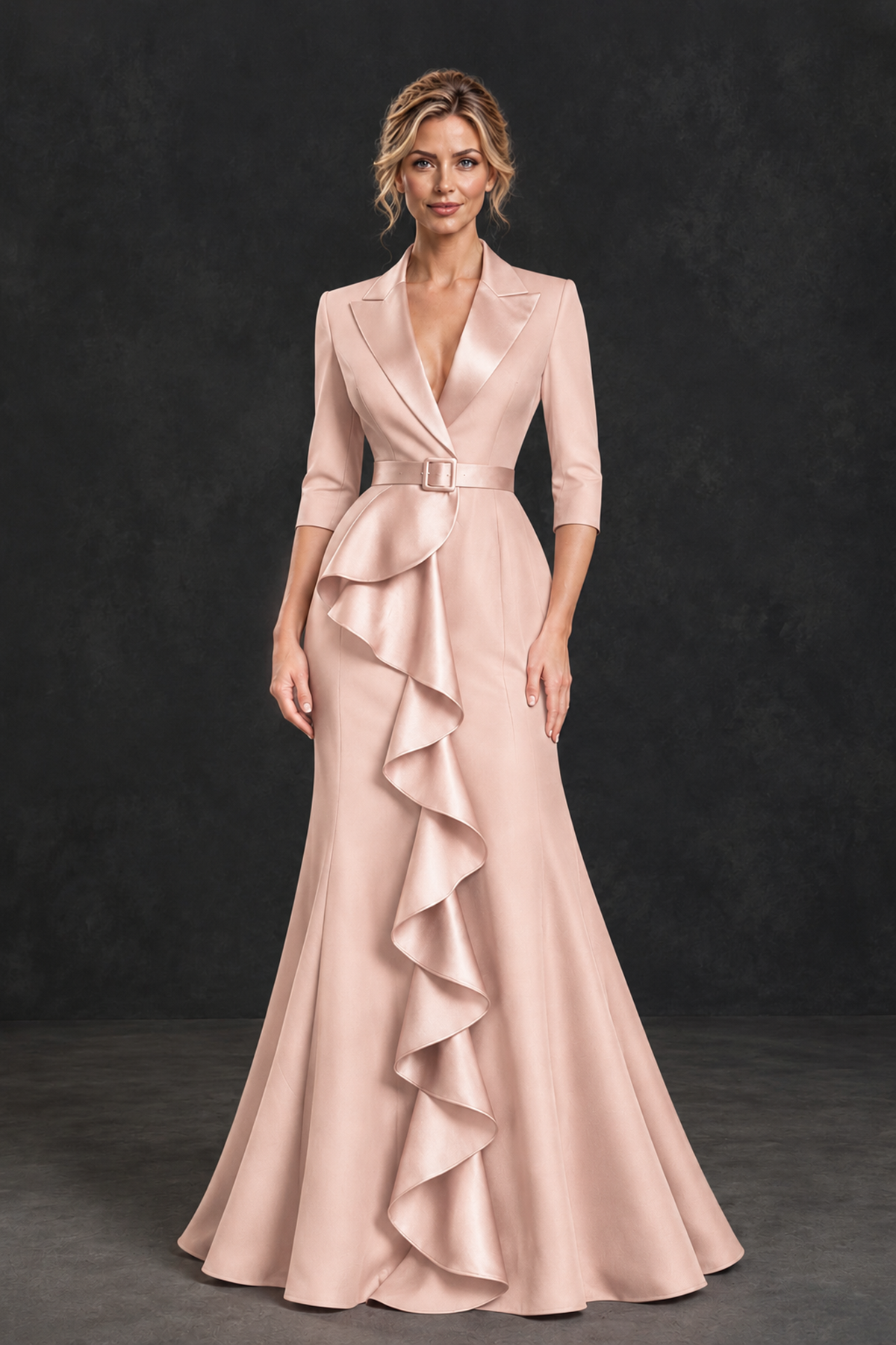 BOLODOO Rose Gold Lapel Ruffle Mother of the Bride Dress with Belt - Rose Gold - Rose Gold_1