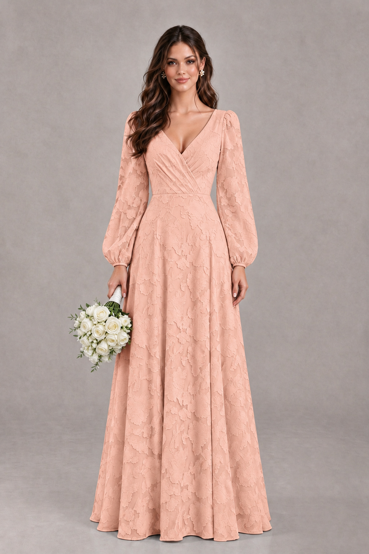 BOLODOO Rose Gold Long Sleeve V-Neck A-Line Mother of the Bride Dress - Rose Gold - Rose Gold_1