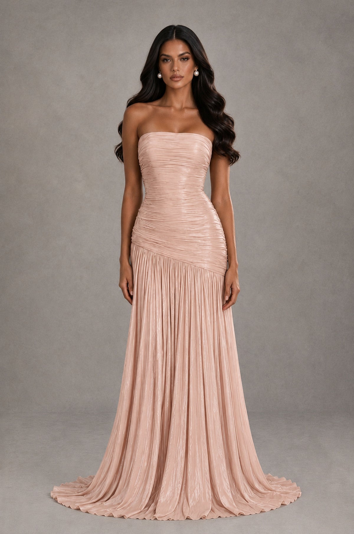 BOLODOO Rose Gold Metallic Ruched Strapless Pleated A-Line Backless Maxi Dress with Train - Rose Gold - Rose Gold_1
