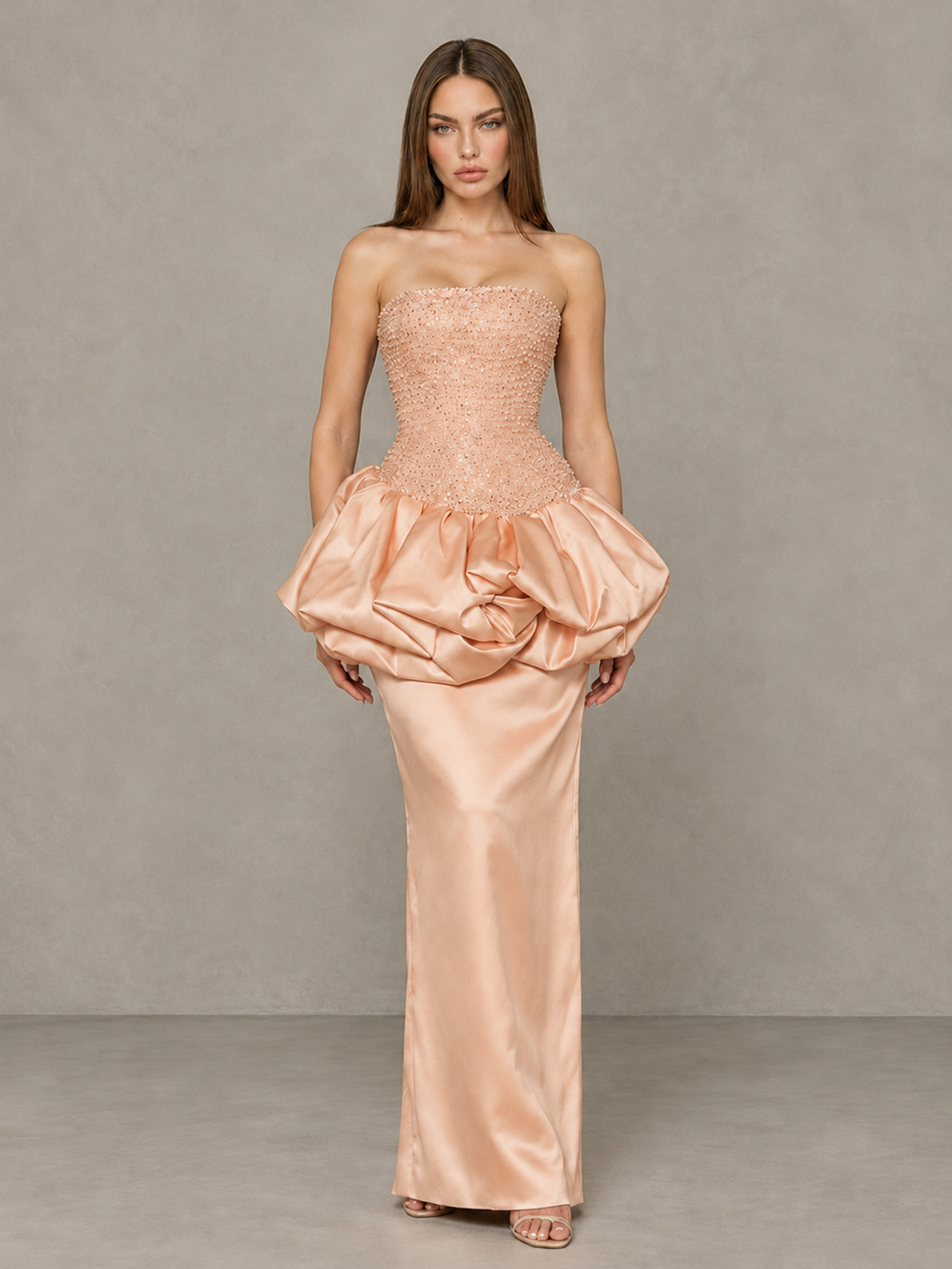 BOLODOO Rose Gold Strapless Embellished Bubble Peplum Evening Dress - Rose Gold - Rose Gold_1