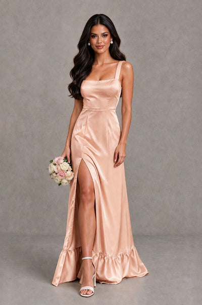 BOLODOO Rose Gold Square Neck Satin Evening Dress with Lace-Up Back and High Slit - Rose Gold - Rose Gold_1
