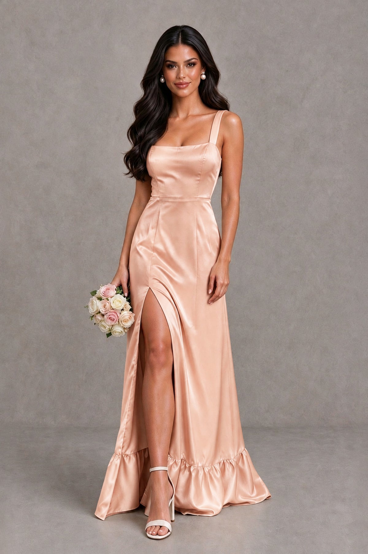 BOLODOO Rose Gold Square Neck Satin Evening Dress with Lace-Up Back and High Slit - Rose Gold - Rose Gold_1