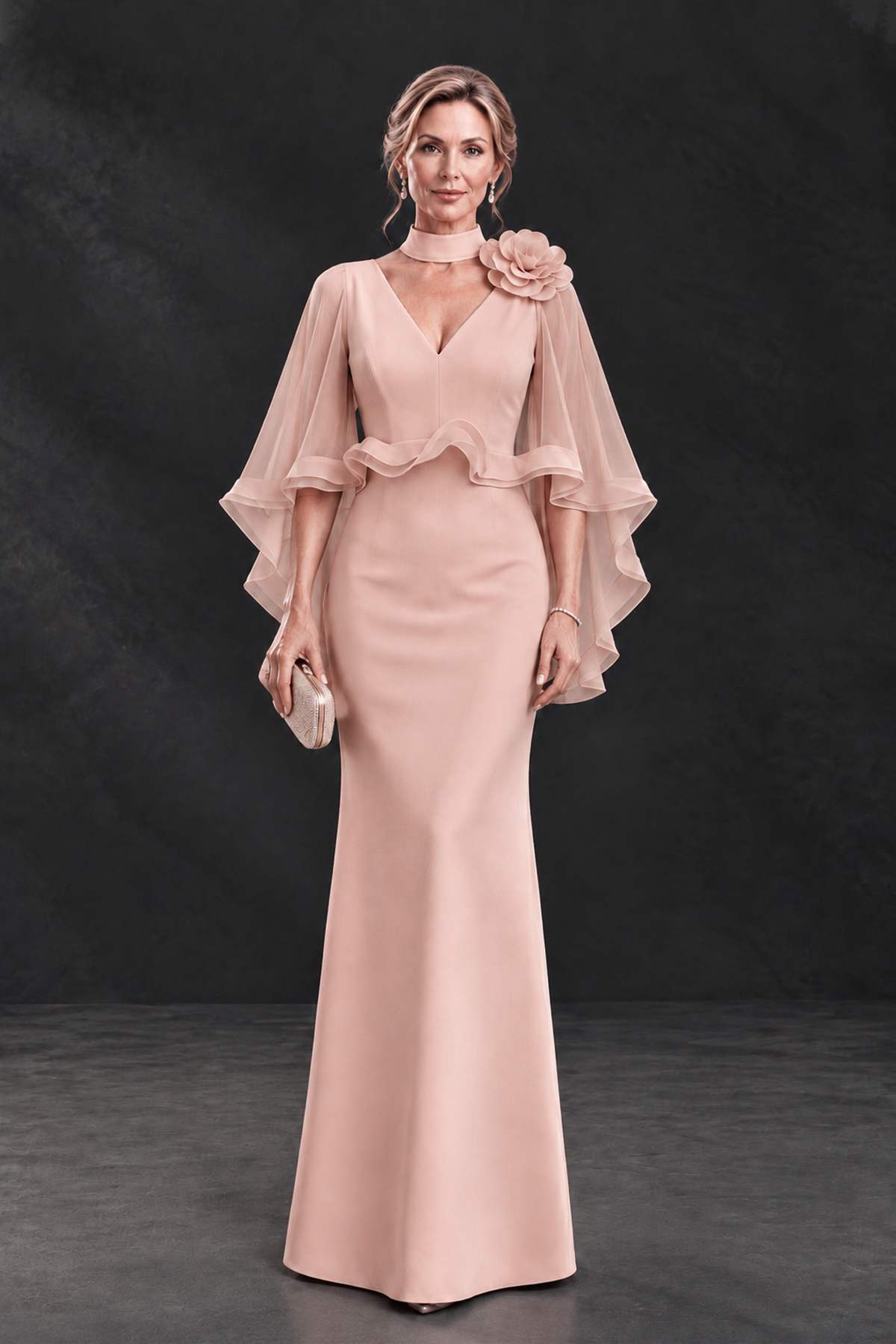 BOLODOO Rose Gold Floral Cape Sleeve Mother of the Bride Dress - Rose Gold - Rose_Gold_1