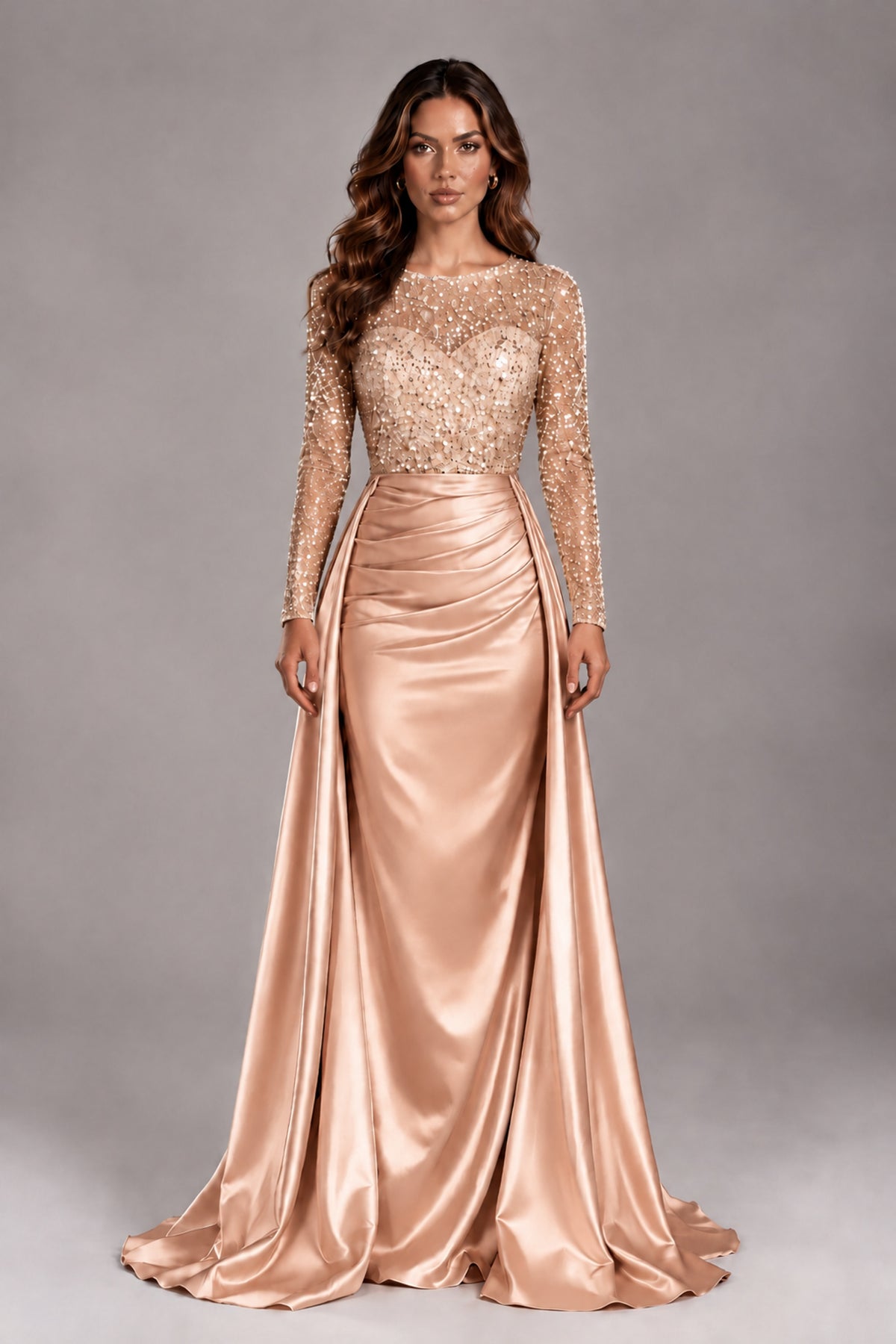 BOLODOO Rose Gold Long Sleeve Embellished Satin Evening Gown with Sweep Train - Rose Gold - Rose Gold_1