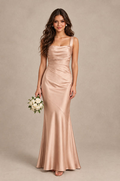 BOLODOO Rose Gold Square Neck Ruched Satin Lace-Up Bridesmaid Dress - Rose Gold - Rose Gold_1