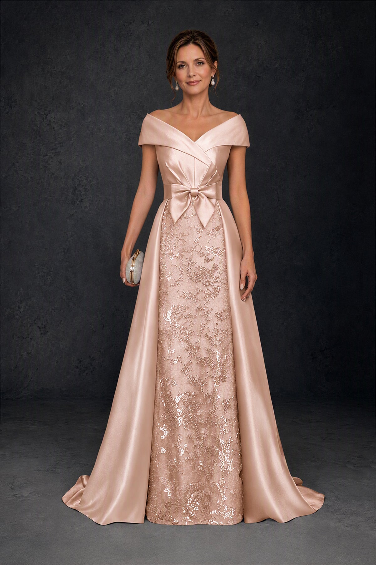 BOLODOO Steel Rose Gold Off-Shoulder Satin Sequin Lace Mermaid Gown with Detachable Overskirt - Rose Gold