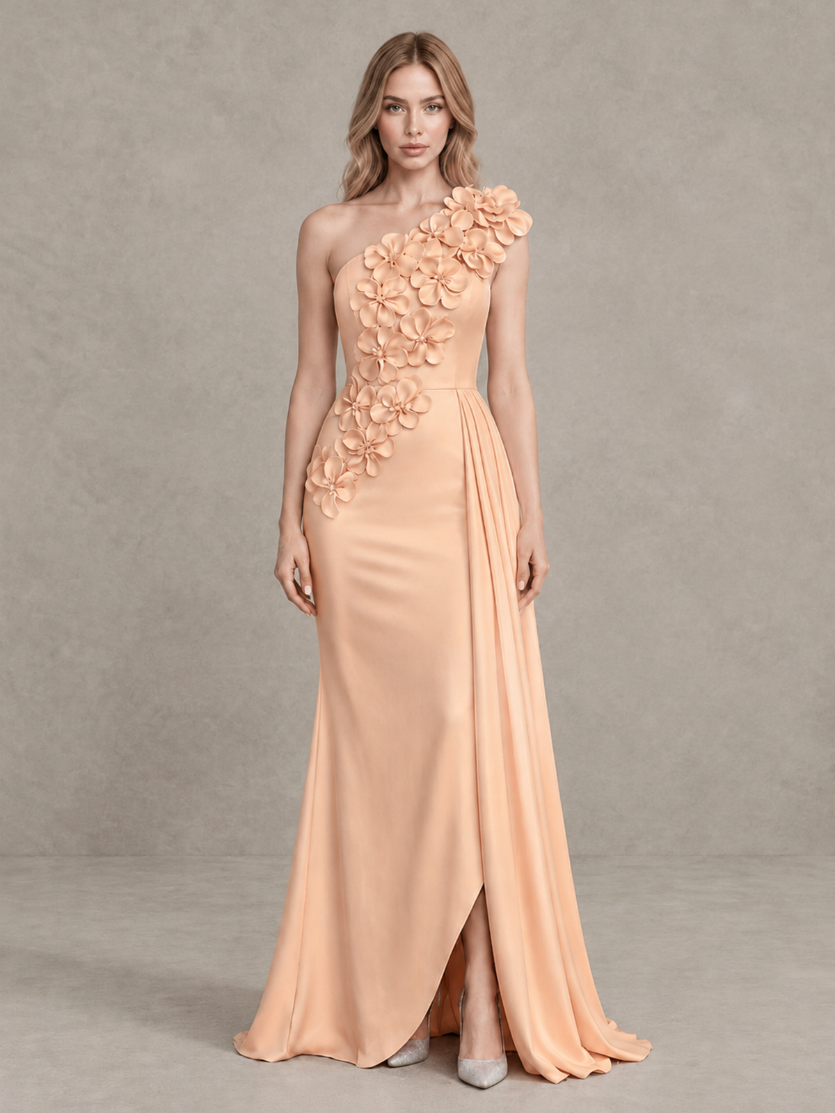 BOLODOO Rose Gold One-Shoulder Satin Mermaid Evening Gown with 3D Floral Appliqué - Rose Gold - Rose Gold_1