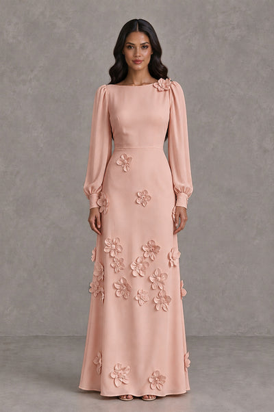 BOLODOO Rose Gold Long Sleeve Floral Applique A-Line Evening Dress - Rose Gold - Rose Gold_1