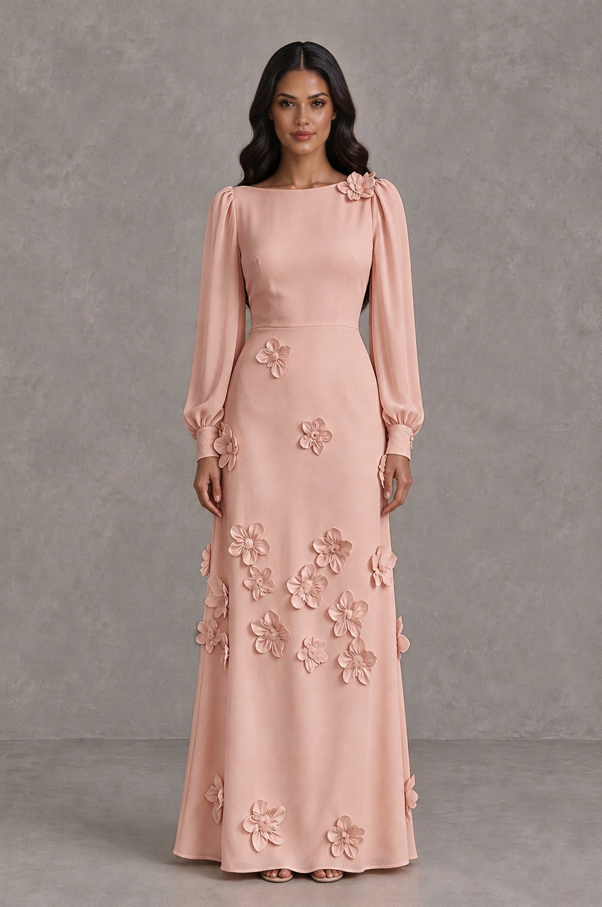 BOLODOO Rose Gold Long Sleeve Floral Applique A-Line Evening Dress - Rose Gold - Rose Gold_1