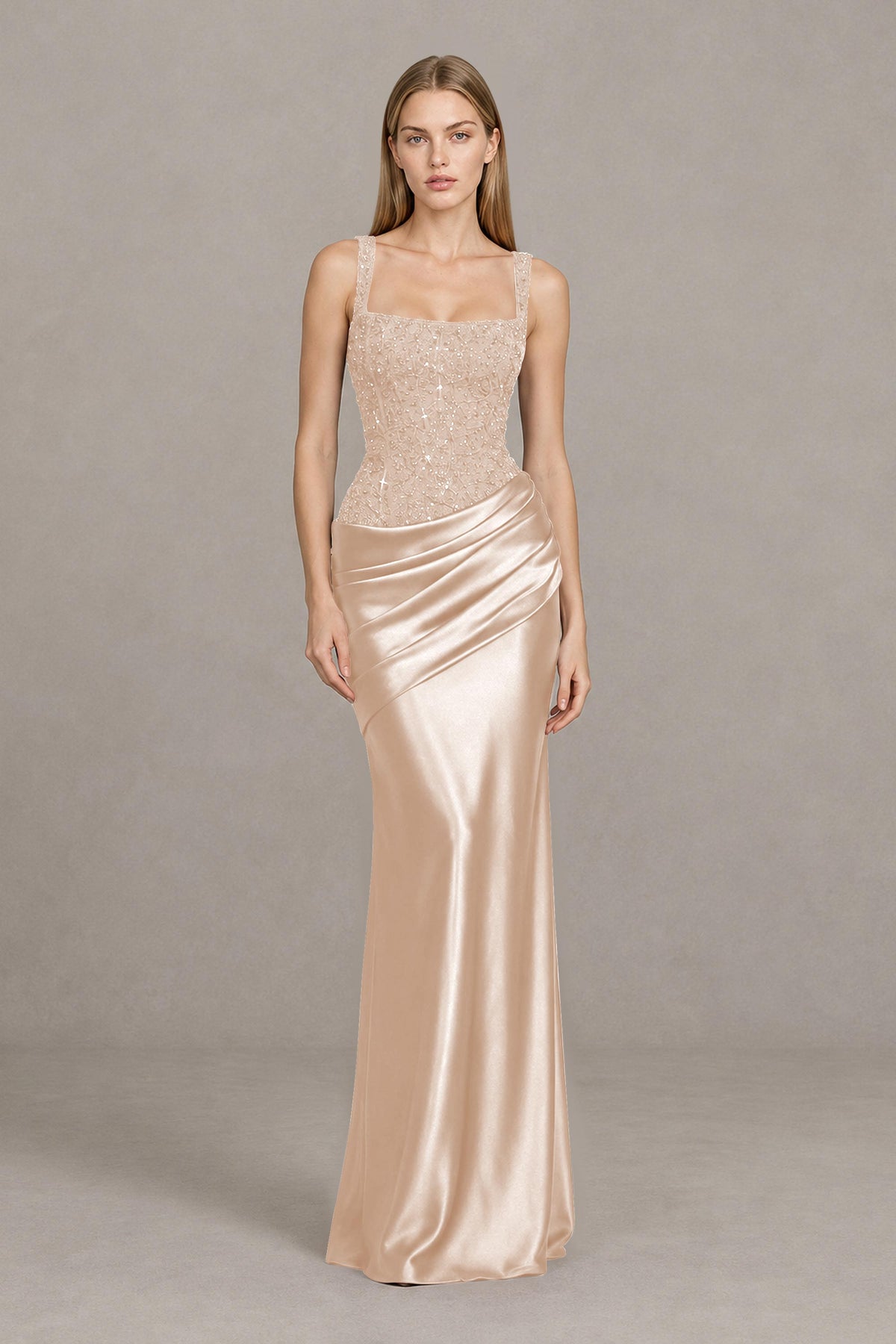 BOLODOO Rose Gold Square Neck Embellished Satin Evening Gown - Rose Gold