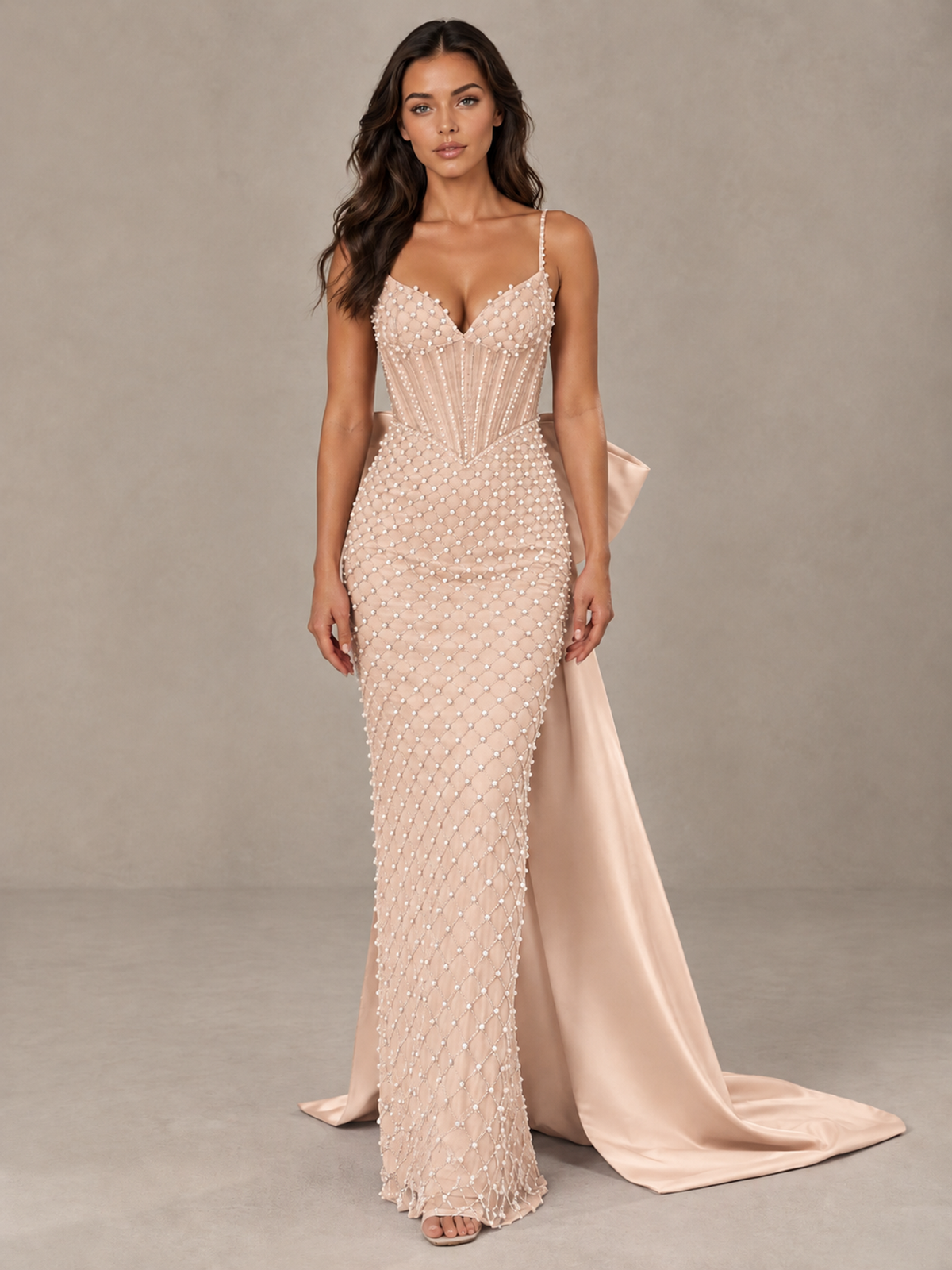 BOLODOO Rose Gold Beaded Corset Prom Dress with Bow Train - Rose Gold - Rose_Gold_1