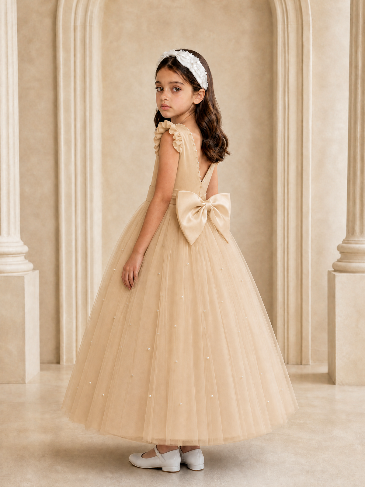 BOLODOO Rose Gold Tulle Flower Girl Dress with Ruffle Sleeves & Bow Back - Rose Gold - Rose_Gold_1