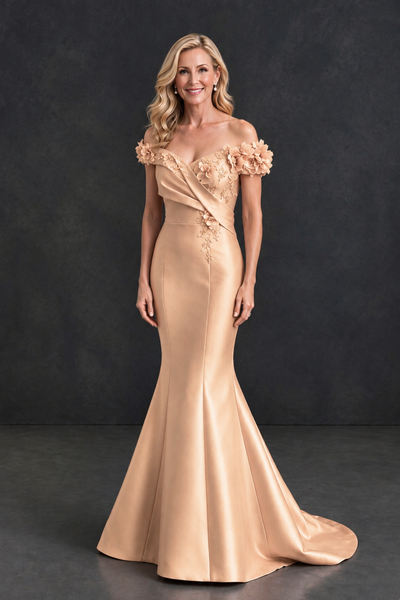 BOLODOO Rose Gold Off-Shoulder Floral Mermaid Mother of the Bride Dress - Rose Gold - Rose Gold_1
