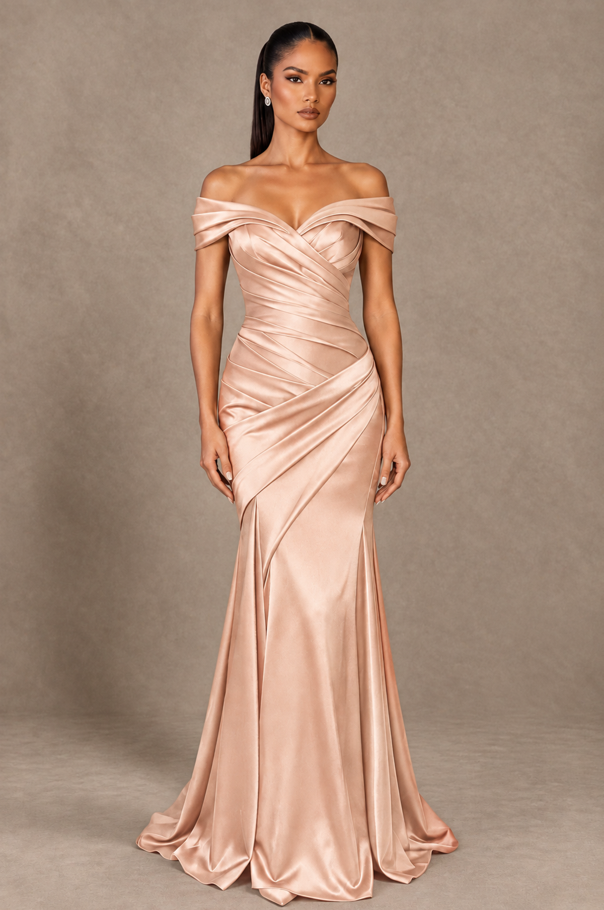 BOLODOO Rose Gold Off-the-Shoulder Ruched Satin Mermaid Evening Dress - Rose Gold - Rose_Gold_1