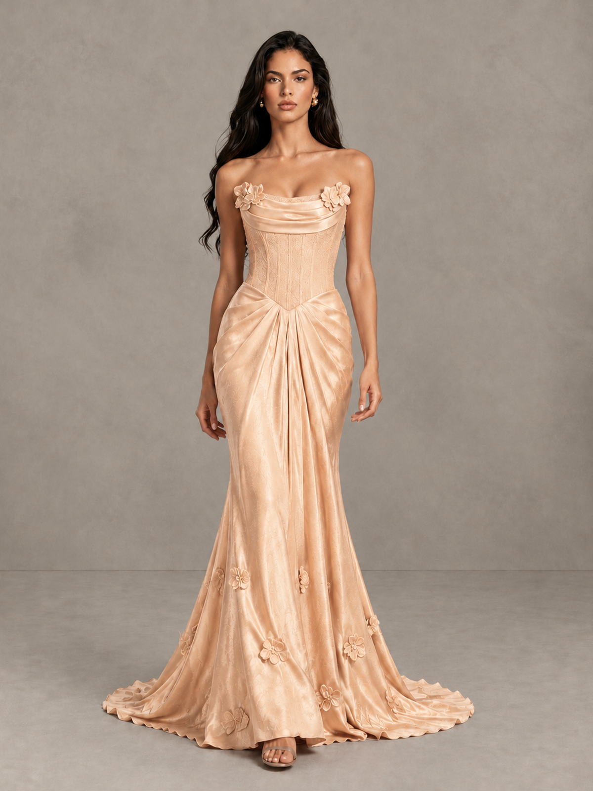 BOLODOO Rose Gold Strapless Floral Corset Evening Gown with Train - Rose Gold - Rose Gold_1