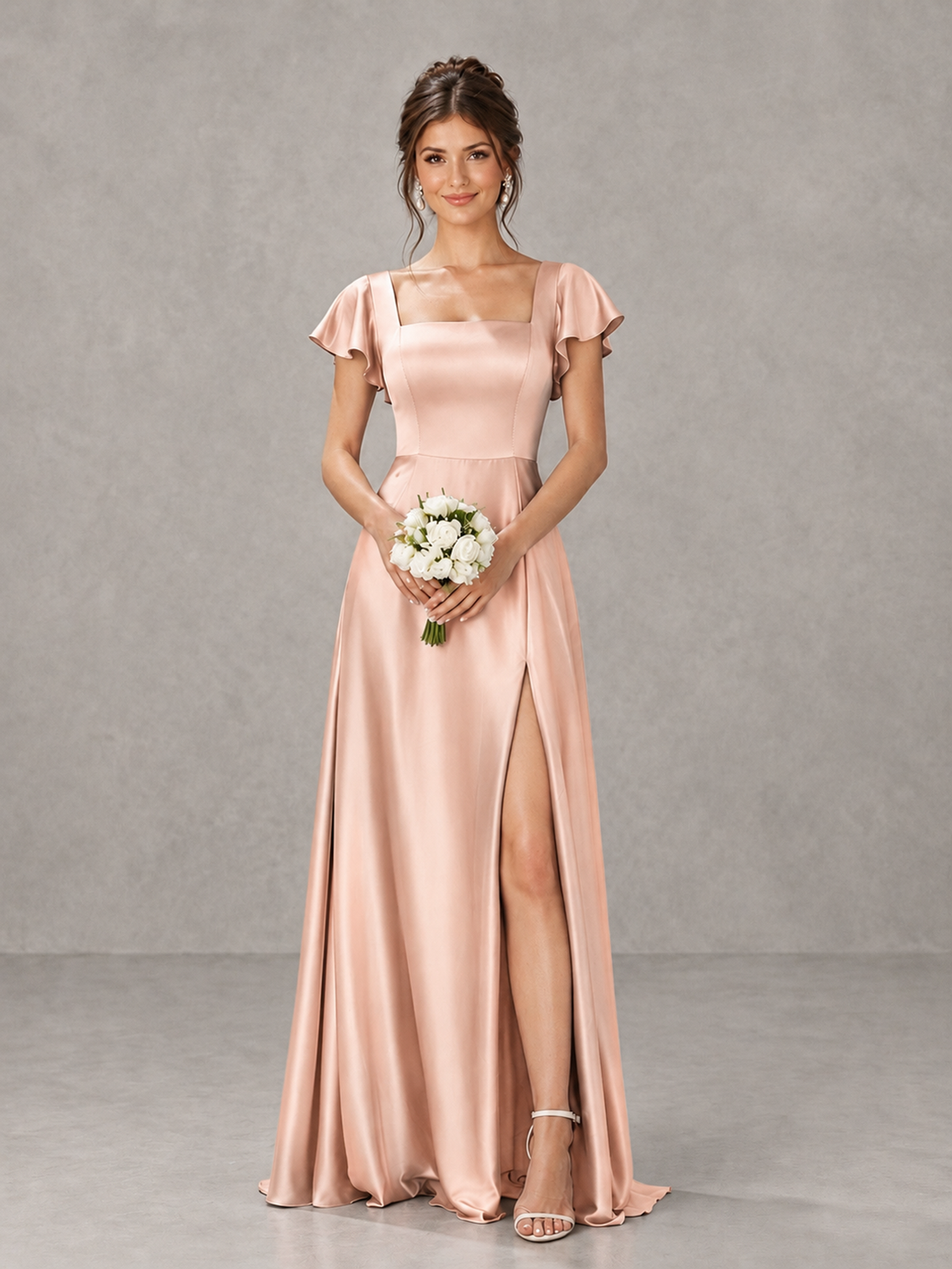 BOLODOO Rose Gold Satin Square Neck Flutter Sleeve A-Line Bridesmaid Dress with Slit - Rose Gold - Rose Gold_1